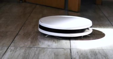 Robot elektrikli süpürge evcil hayvandaki küçük tüyleri ve yerdeki tozu dikkatlice temizler.