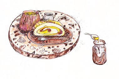 hand-drawn illustration in ink and colored pencilsmeringue roll with pistachio cream and raspberries, ginger tea and honey