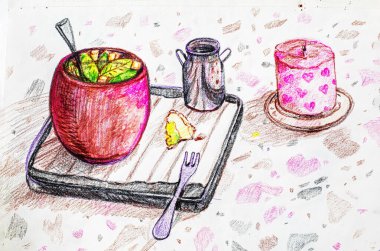 hand-drawn illustration with colored pencils ginger tea with mint and a piece of meringue roll