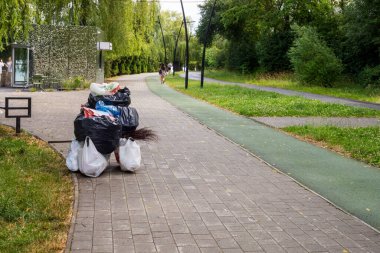 Çöp kamyonu tarafından götürülmeden önce çöpleri parka yığdım. Geri dönüşümler ve çevre