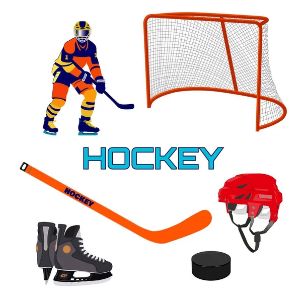 Joueur Hockey Sur Terrain Hockey Collection Attributs Hockey Portails Patins — Image vectorielle