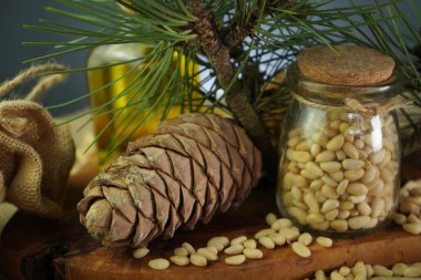 Composition of cosmetic and medical cedar oil in a glass jar. Nuts and cones art