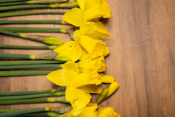 Frühling Leuchtend Gelbe Konzept Narzissen Blume Auf Holztisch Jahrgang Ostern — Stockfoto
