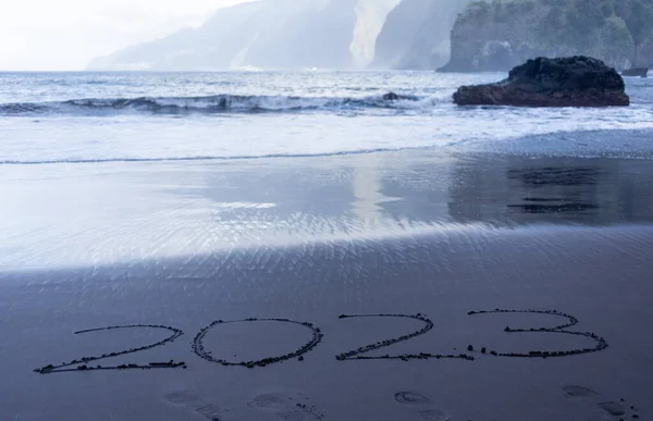 Jaar 2023 Symbool Geschreven Zwart Strand Zand Hoge Kwaliteit Foto — Stockfoto