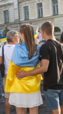 LJUBLJANA, SLOVENIA - August 24, 2022: Ukraine independence day meeting. People with flags and national symbols. High quality photo