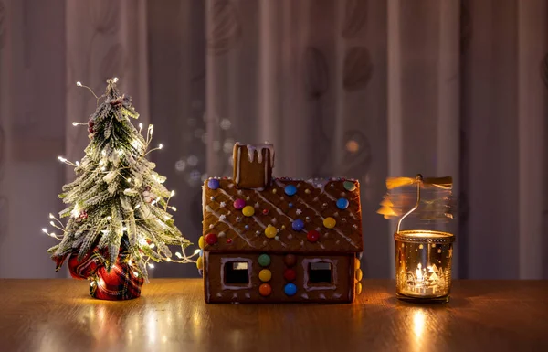 Decoração Natal Casa Pão Gengibre Abeto Foto Alta Qualidade — Fotografia de Stock