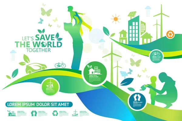 Ekologi Gröna Städer Hjälper Världen Med Miljövänliga Koncept Idéer Vektor — Stock vektor