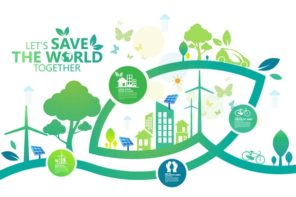 Ecologie Groene Steden Helpen Wereld Met Eco Vriendelijke Concept Ideeën — Stockvector