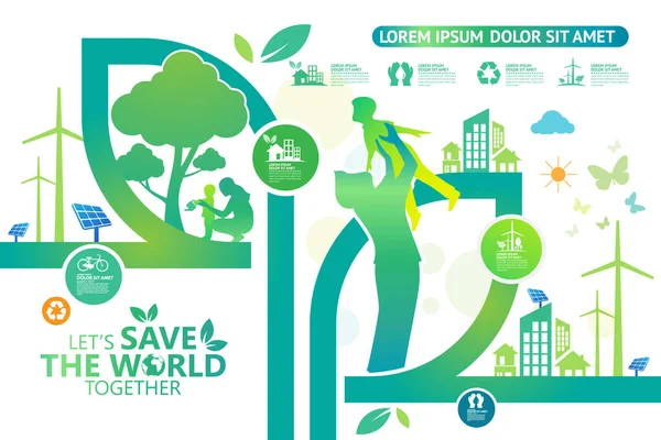 Ekologia Zielone Miasta Pomagają Światu Dzięki Ekologicznej Koncepcji Ideas Vector — Wektor stockowy