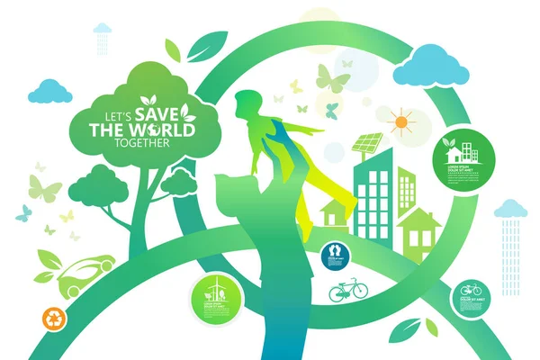 Екологія Зелені Міста Допомагають Світу Екологічно Чистими Концепціями Векторні Ілюстрації — стоковий вектор