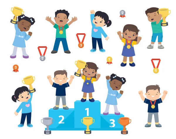 Multi Ethnic Children Medals Trophies Victory Stand Sports Pedestal Medalists — Vector de stock
