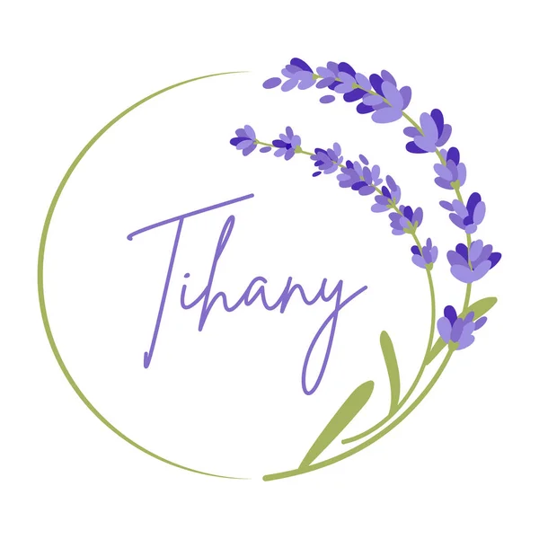 美丽的紫罗兰薰衣草系列 一个花环 一束鲜花和字母蒂哈尼 匈牙利城市 — 图库矢量图片