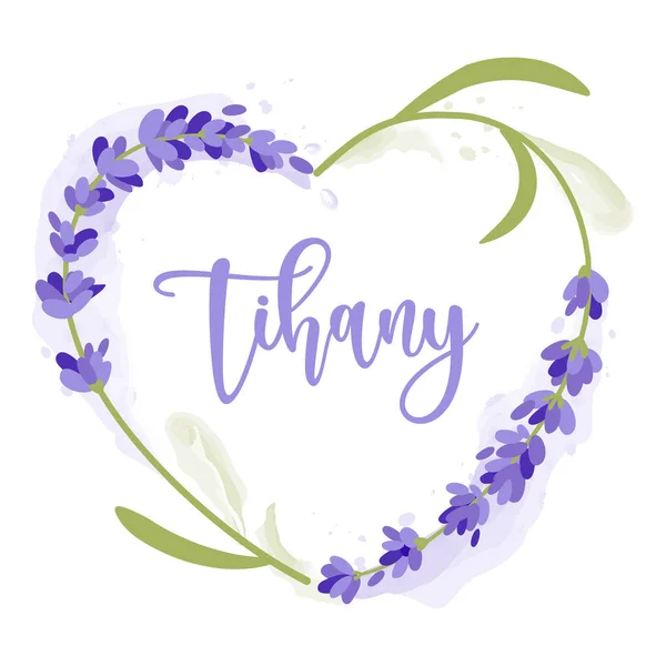 Όμορφη Βιολετί Συλλογή Λεβάντας Στεφάνι Μπουκέτο Λουλούδια Και Γράμματα Tihany — Διανυσματικό Αρχείο