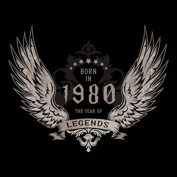 生于1980年 传说之年 男男女女T恤衫的设计 一周年纪念日 有翅膀和出生日期的岩石复古风格的指纹 图库矢量图片