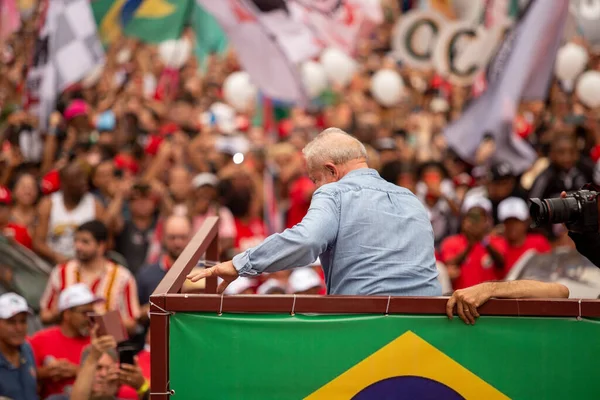 stock image SO PAULO (SP), 10-29-2022 Lula, Alckmin and Haddad participate in a march on Av. Paulista, SP, this Saturday afternoon (29) and with special participation of former Uruguayan President Jos Mujica