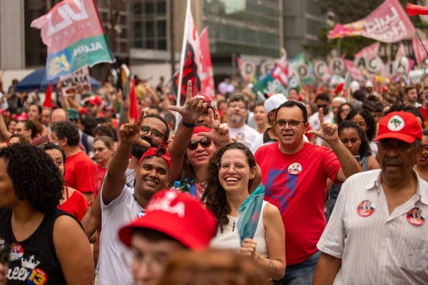 stock image SO PAULO (SP), 10-29-2022Lula, Alckmin and Haddad participate in a march on Av. Paulista, SP, this Saturday afternoon (29) and with special participation of former Uruguayan President Jos Mujica