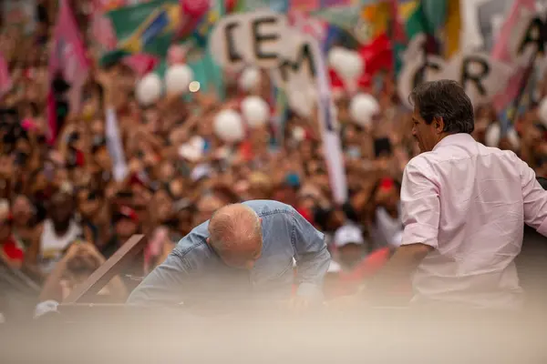 stock image SO PAULO (SP), 10-29-2022 Lula, Alckmin and Haddad participate in a march on Av. Paulista, SP, this Saturday afternoon (29) and with special participation of former Uruguayan President Jos Mujica