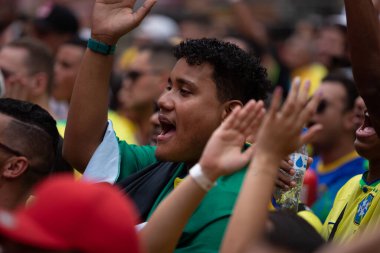 PAULO SP, NOVEMBER 28, 2022 FIFA Fan Festivali, Vale do Anhangaba, Orta Bölgesi, Brezilya ve İsviçre arasında bu pazartesi öğleden sonra Katar 'da oynanan 2022 Dünya Kupası sırasında,. 