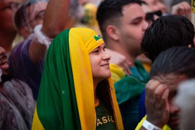 PAULO SP, NOVEMBER 28, 2022 FIFA Fan Festivali, Vale do Anhangaba, Orta Bölgesi, Brezilya ve İsviçre arasında bu pazartesi öğleden sonra Katar 'da oynanan 2022 Dünya Kupası sırasında,. 