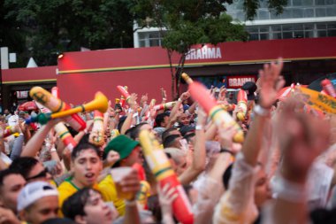 PAULO SP, NOVEMBER 28, 2022 FIFA Fan Festivali, Vale do Anhangaba, Orta Bölgesi, Brezilya ve İsviçre arasında bu pazartesi öğleden sonra Katar 'da oynanan 2022 Dünya Kupası sırasında,. 