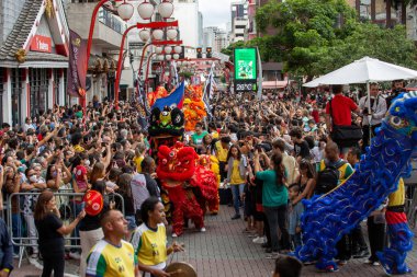 Aerial view, drone photography of the Liberdade neighborhood on Chinese New Year's Day