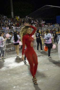 Paulo - 21 Ocak 2024: So Paulo karnavalının samba okulları Pazar gecesi Sambadrome 'da teknik prova yaptılar (21 Ocak)).