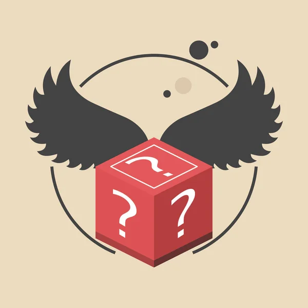 Tajemná Krabice Křídly Létající Červená Krabička Otazníky Ilustrace Plochého Stylu — Stockový vektor