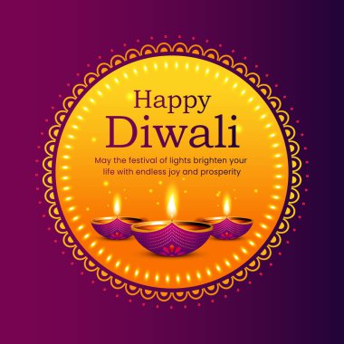 Aydınlatılmış diyas ve mandala dekorasyonlu mutlu Diwali arka planı. Hindistan Diwali kutlama kartı, diwali birim tasarımı, vektör illüstrasyonu.