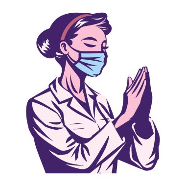 Kadın Doktor Karakteri Maske Giyiyor ve Minnettar Vektör Resimleri Yapıyor