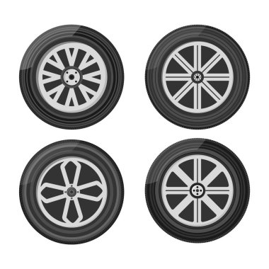 Araba tekerleği ikonu. Araba, motosiklet, kamyon ve cip için tekerlek lastiği. Yuvarlak ve ulaşım, otomobil ekipmanları, düz tasarım vektör illüstrasyonu, 10 PS.