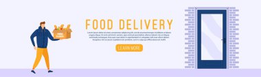 Online food delivery from restaurants to home service, online order tracking. Food delivery from courier to customer because coronavirus. Characters people with fastfood. Vector illustration