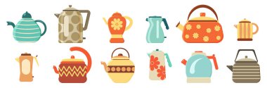 Kitchen utensils. Hot drink. Flat vector set of tea kettles. Collection of teapots and kettles isolated on white background. Home appliance for boiling water. Vector illustration, EPS 10.