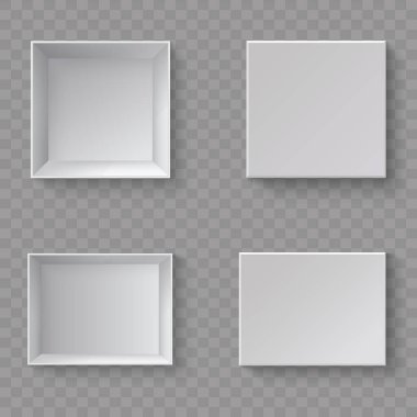 White blank packaging gift boxes. A set of open and closed box at different angles. Set of objects on a transparent background. Vector illustration, EPS 10.
