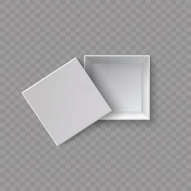 White blank packaging gift boxes. A set of open and closed box at different angles. Set of objects on a transparent background. Vector illustration, EPS 10.