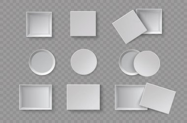 White blank packaging gift boxes. A set of open and closed box at different angles. Set of objects on a transparent background. Vector illustration, EPS 10.