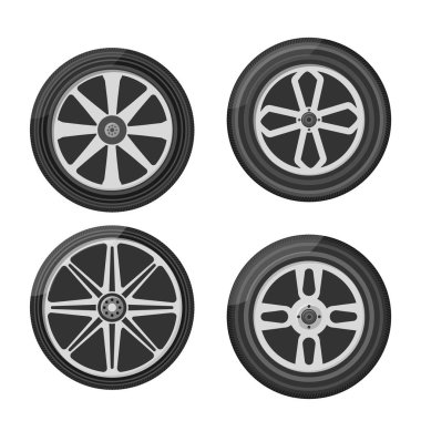 Araba tekerleği ikonu. Araba, motosiklet, kamyon ve cip için tekerlek lastiği. Yuvarlak ve ulaşım, otomobil ekipmanları, düz tasarım vektör illüstrasyonu, 10 PS.