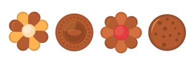 Set of different chocolate and biscuit chip cookies, gingerbread and waffle isolated on white background. Biscuit bread cookies icon set. Big set different colorful pastry cookie. Vector illustration.