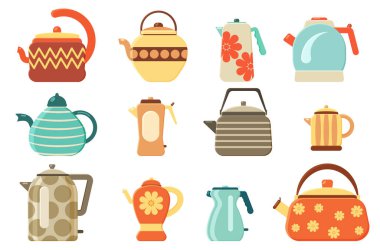 Kitchen utensils. Hot drink. Flat vector set of tea kettles. Collection of teapots and kettles isolated on white background. Home appliance for boiling water. Vector illustration, EPS 10.