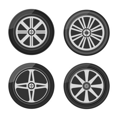 Araba tekerleği ikonu. Araba, motosiklet, kamyon ve cip için tekerlek lastiği. Yuvarlak ve ulaşım, otomobil ekipmanları, düz tasarım vektör illüstrasyonu, 10 PS.