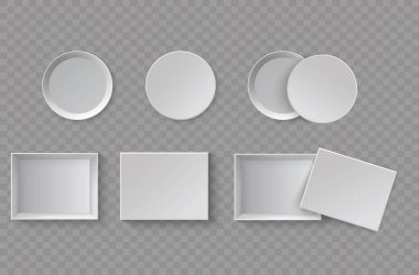 White blank packaging gift boxes. A set of open and closed box at different angles. Set of objects on a transparent background. Vector illustration, EPS 10.