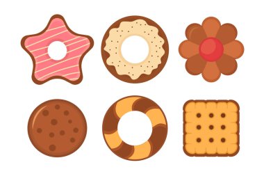 Set of different chocolate and biscuit chip cookies, gingerbread and waffle isolated on white background. Biscuit bread cookies icon set. Big set different colorful pastry cookie. Vector illustration.