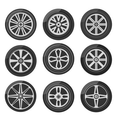 Araba tekerleği ikonu. Araba, motosiklet, kamyon ve cip için tekerlek lastiği. Yuvarlak ve ulaşım, otomobil ekipmanları, düz tasarım vektör illüstrasyonu, 10 PS.