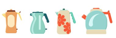 Kitchen utensils. Hot drink. Flat vector set of tea kettles. Collection of teapots and kettles isolated on white background. Home appliance for boiling water. Vector illustration, EPS 10.