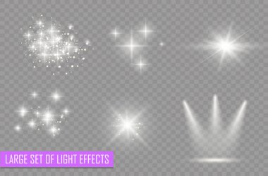 White lens flares, lighting. Glow special light effect sen, spotlight, explosion, sunlight, bokeh, glitter sparks, line, sun flash. Sparkling magical dust particles. Star burst with sparkles vector 