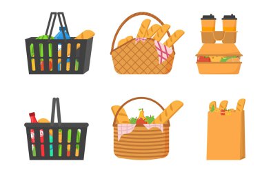 Shopping trolley full of food, fruit, products and grocery goods. Shopping basket with fresh food and drinks. Grocery store, supermarket. Set of fresh, healthy and natural product. Vector 