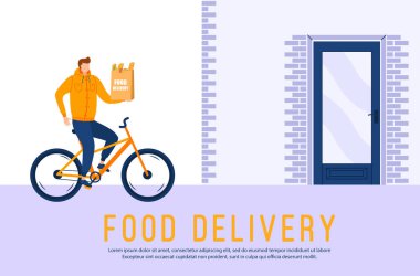 Restoranlardan ev servislerine çevrimiçi yemek teslimatı, online sipariş takibi. Coronavirus yüzünden kuryeden müşteriye yemek teslimatı. Fast food yapan karakterler. Vektör illüstrasyonu