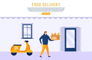Restoranlardan ev servislerine çevrimiçi yemek teslimatı, online sipariş takibi. Coronavirus yüzünden kuryeden müşteriye yemek teslimatı. Fast food yapan karakterler. Vektör illüstrasyonu