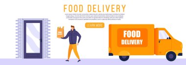 Online food delivery from restaurants to home service, online order tracking. Food delivery from courier to customer because coronavirus. Characters people with fastfood. Vector illustration
