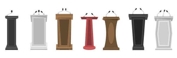 Collection Realistic Pedestal Wooden Tribune Podium Microphone Speech Tribune Stage — Stock Vector