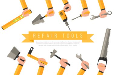 Tamir aletleri. İnsan eli çalışan aletleri tutar. İnşaat ve yenileme aletleri olan kadın ve erkek ellerinin düz vektör çizimi. Metin için arka plan. EPS 10.